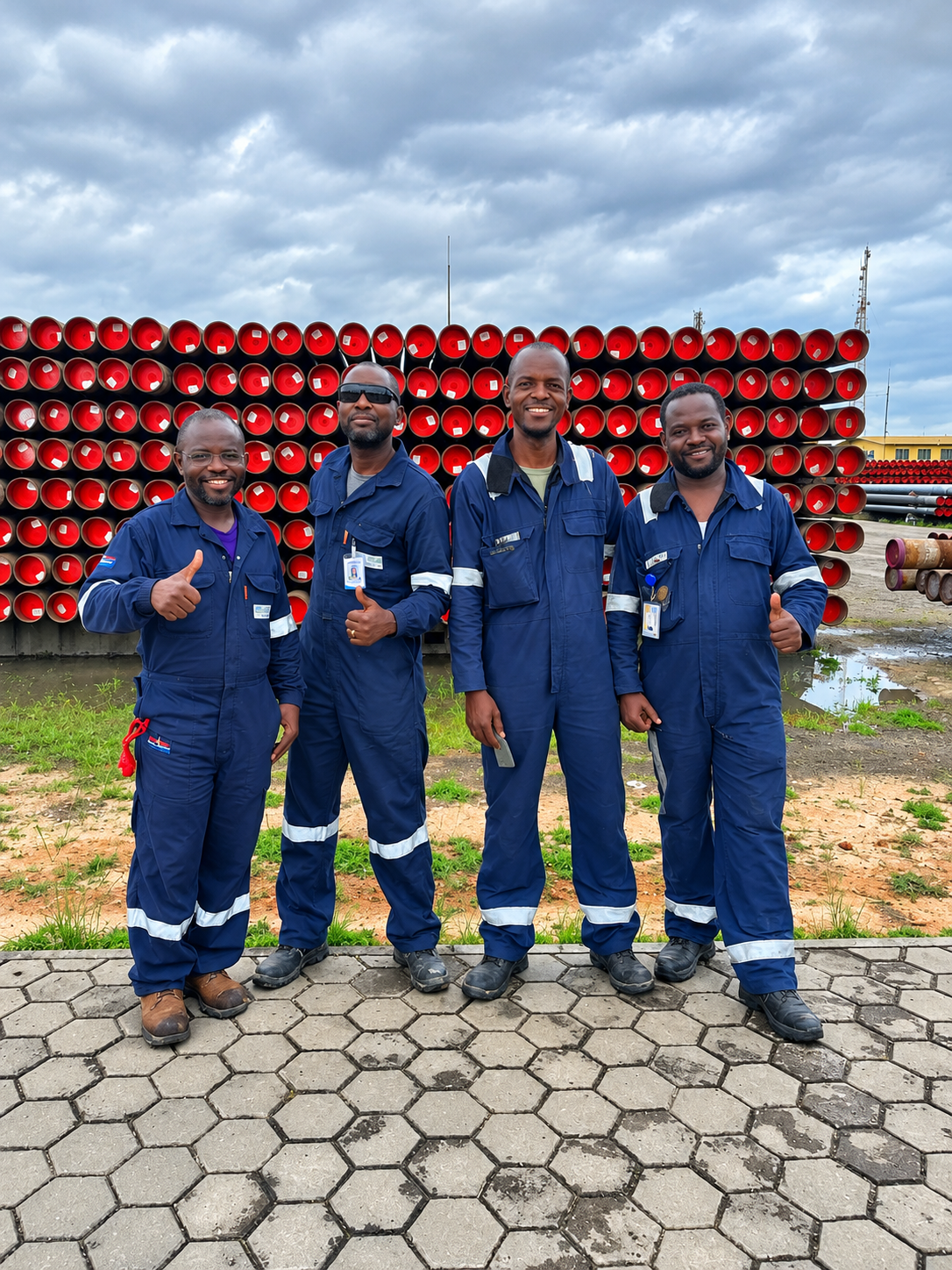 Equipa da LUMBERLIFT em fardas de trabalho, num estaleiro industrial