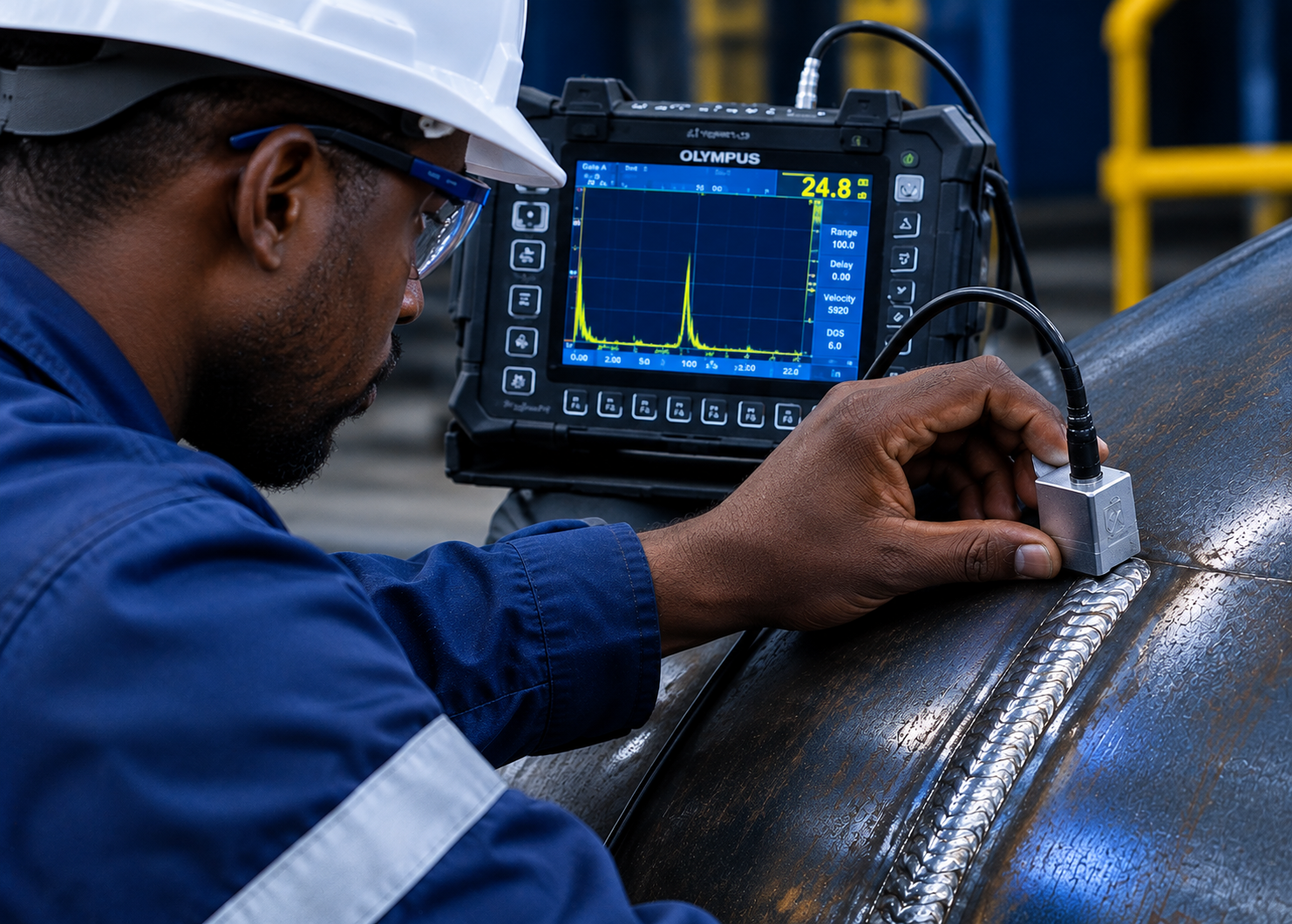 Técnico com equipamento de inspecção numa soldadura — imagem ilustrativa