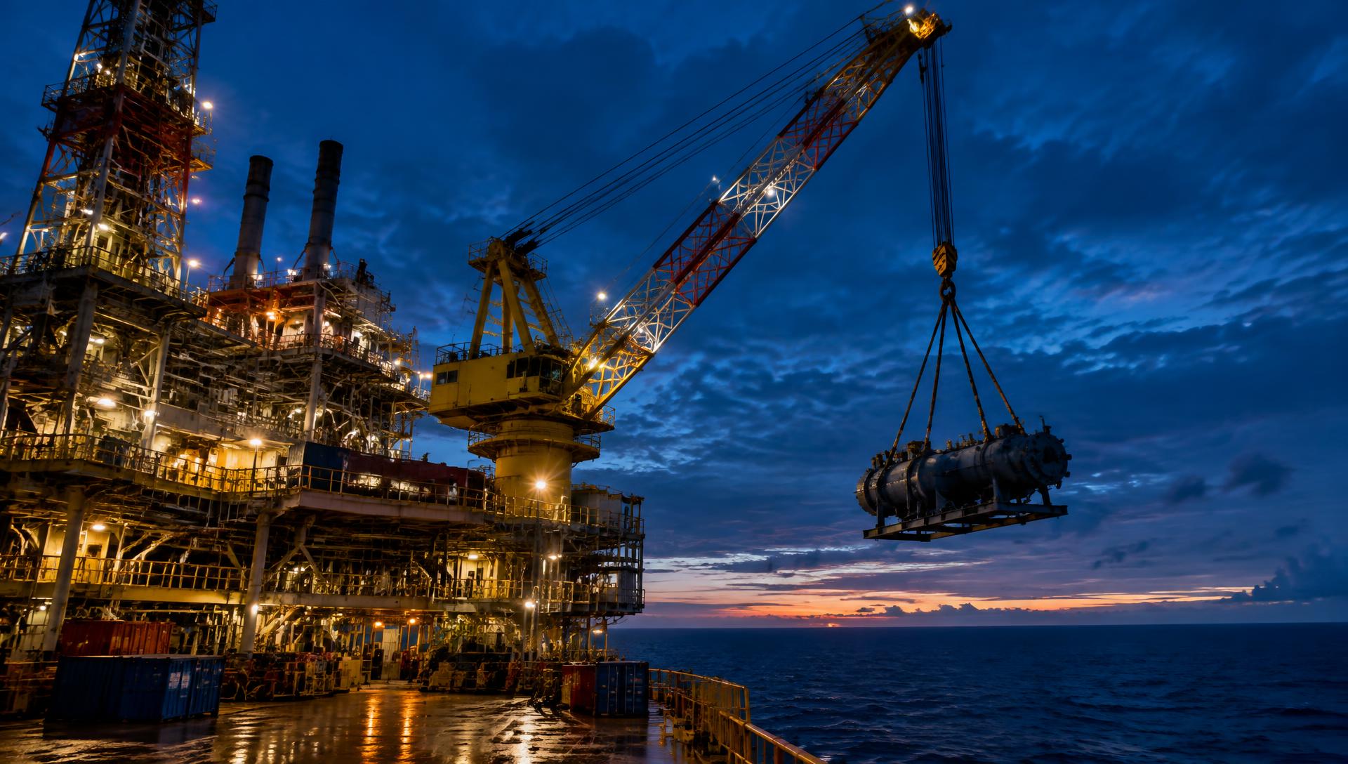 Grua offshore a elevar carga numa plataforma de Oil & Gas